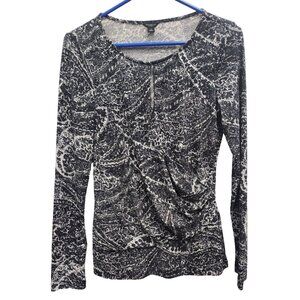Ann Taylor Top Womens Small Black White Paisley Long Sleeves Ruched Office